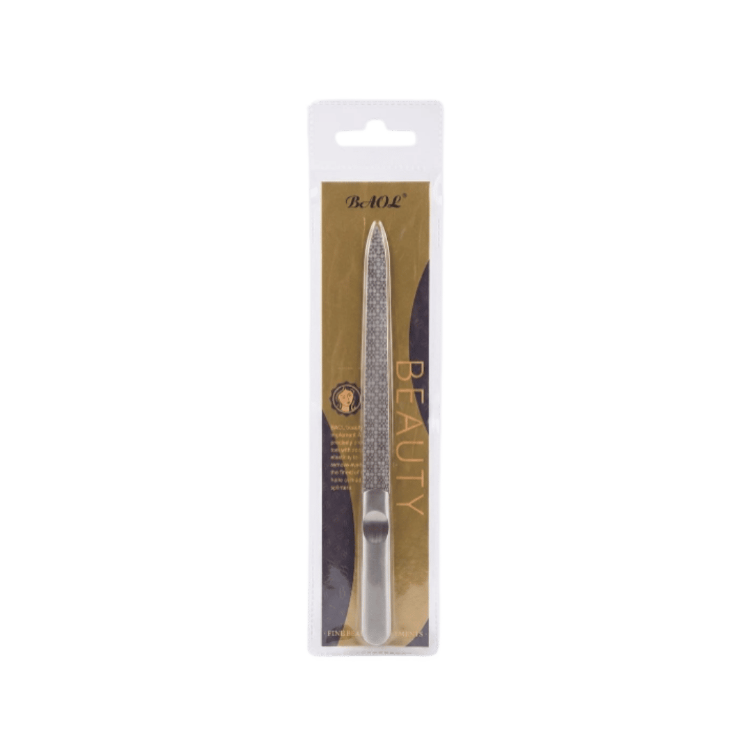 BQYL metal nail file with textured surface and silver handle in transparent retail packaging.