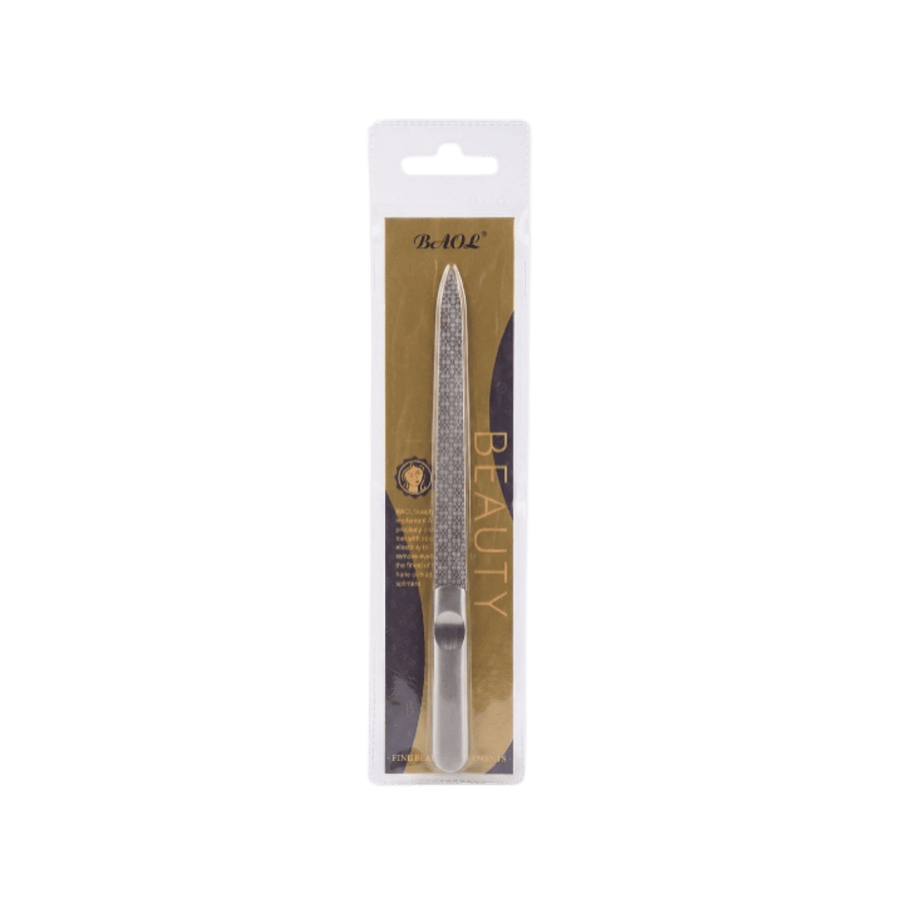BQYL metal nail file with textured surface and silver handle in transparent retail packaging.