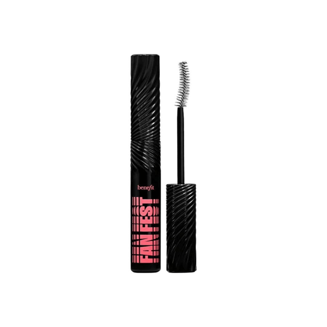 Benefit Fan Fest mascara in black textured tube with pink lettering and curved applicator wand