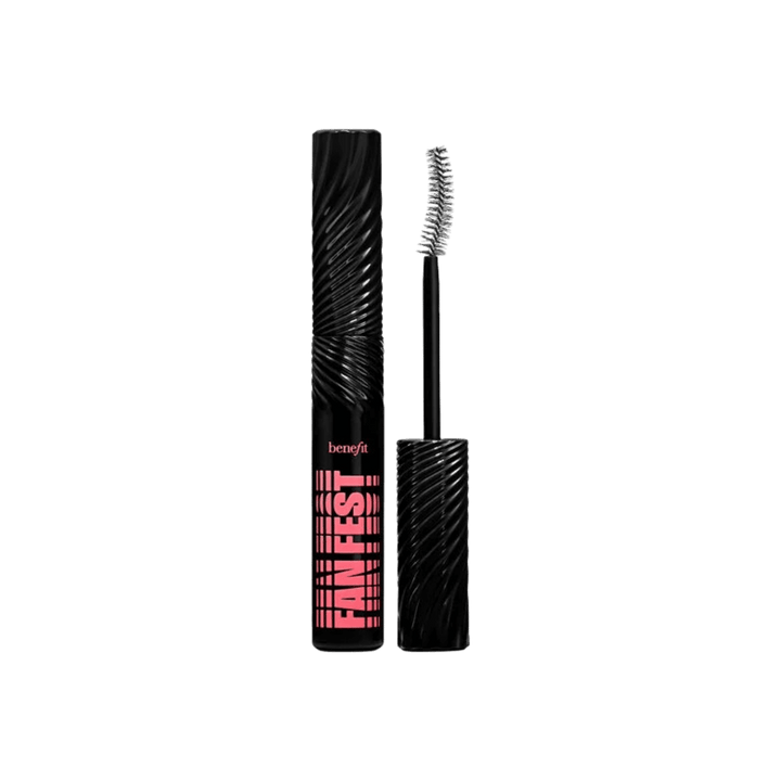 Benefit Fan Fest mascara in black textured tube with pink lettering and curved applicator wand