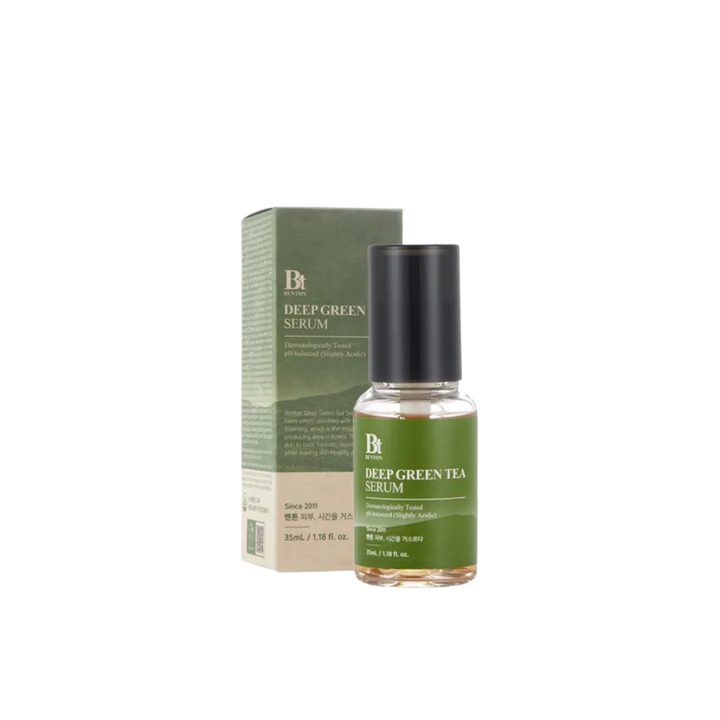 Benton Deep Green Tea Serum 35ml glass bottle with green label and box