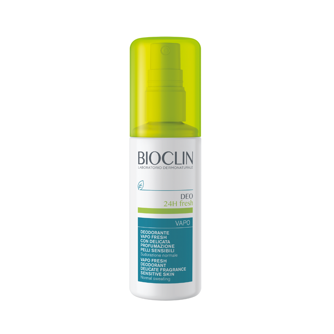 Bioclin Deo 24H Fresh vapo spray deodorant in white bottle with translucent lime cap
