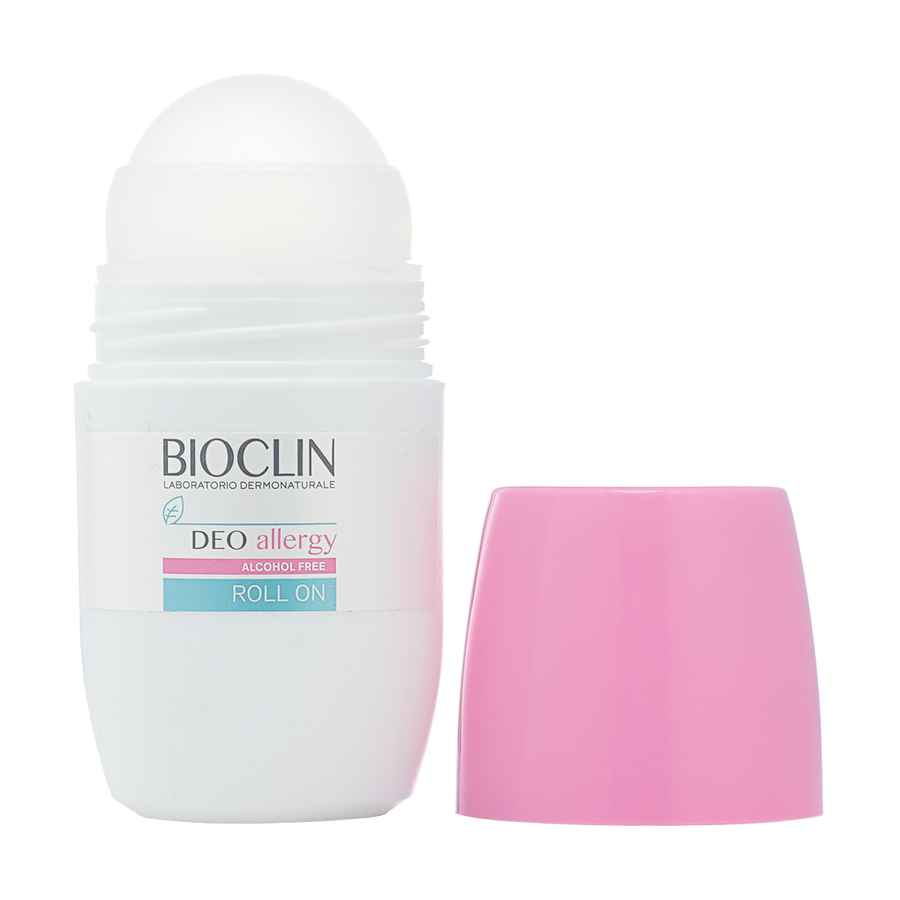 Bioclin Deo Allergy alcohol-free roll-on deodorant in white bottle with translucent pink cap
