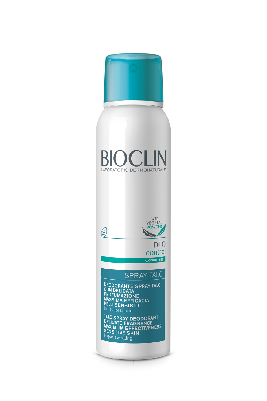 Bioclin Deo Control alcohol-free talc spray deodorant in white aerosol can with teal cap
