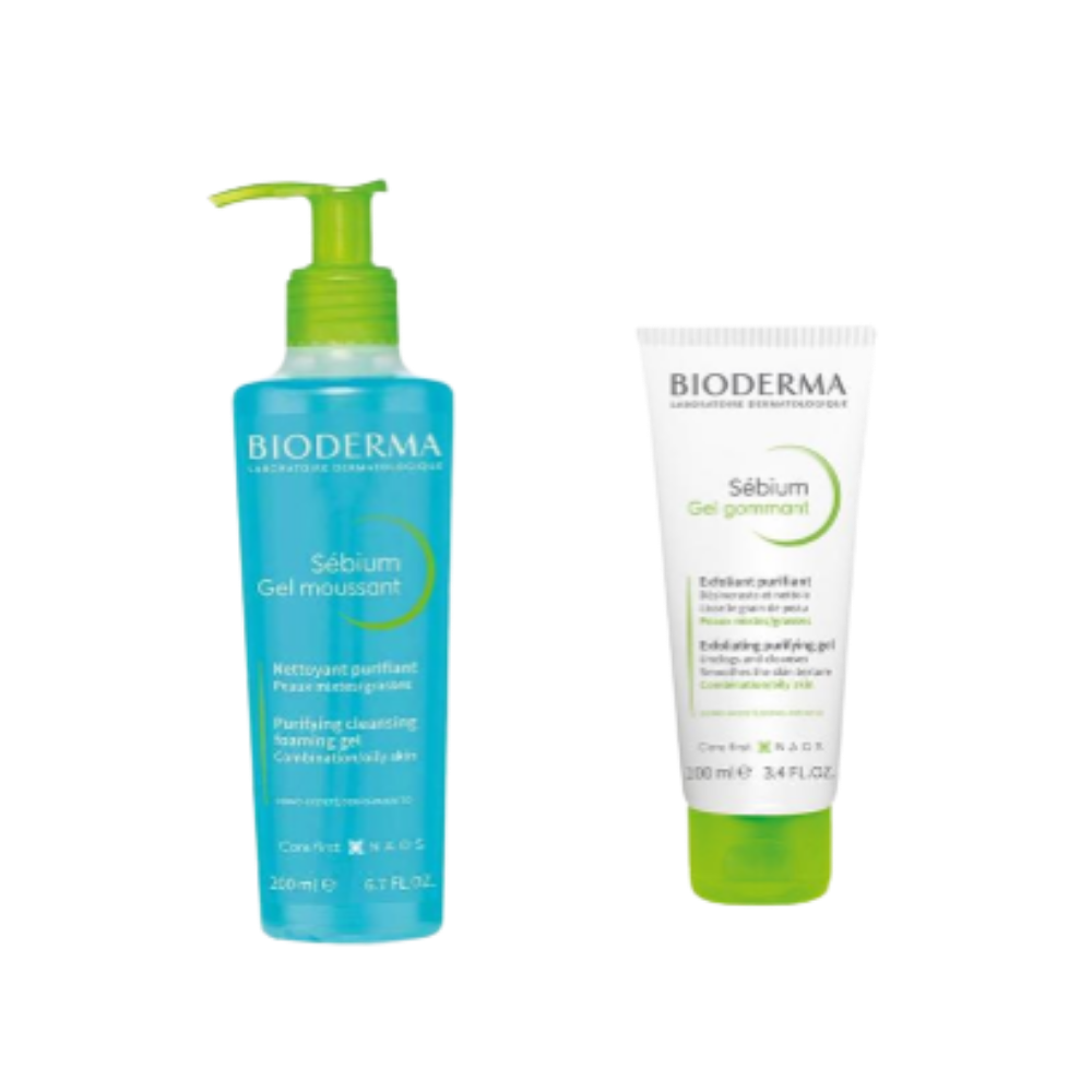 Bioderma Sébium Gel Moussant cleanser 200ml and Sébium Gel Gommant exfoliating gel 100ml duo set