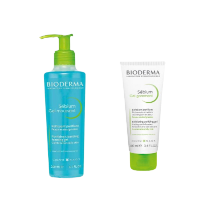 Bioderma Sébium Gel Moussant cleanser 200ml and Sébium Gel Gommant exfoliating gel 100ml duo set