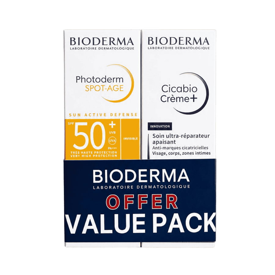 BIODERMA Photoderm Spot-Age SPF 50+ and Cicabio Crème 40ml value pack with visible packaging details and brand information.