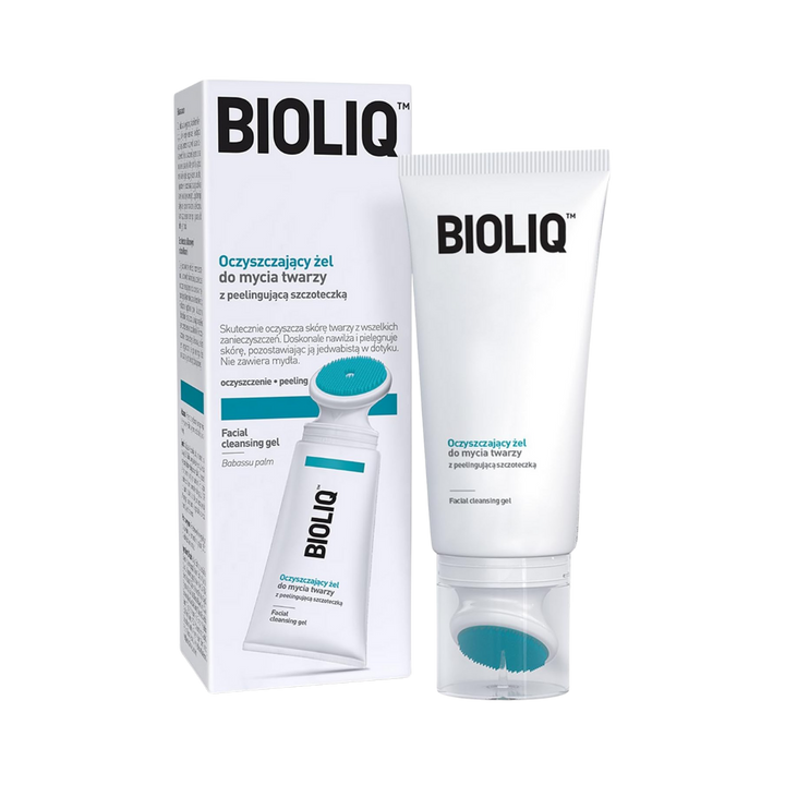 BIOLIQ facial cleansing gel babassu palm white tube with integrated silicone brush and matching box
