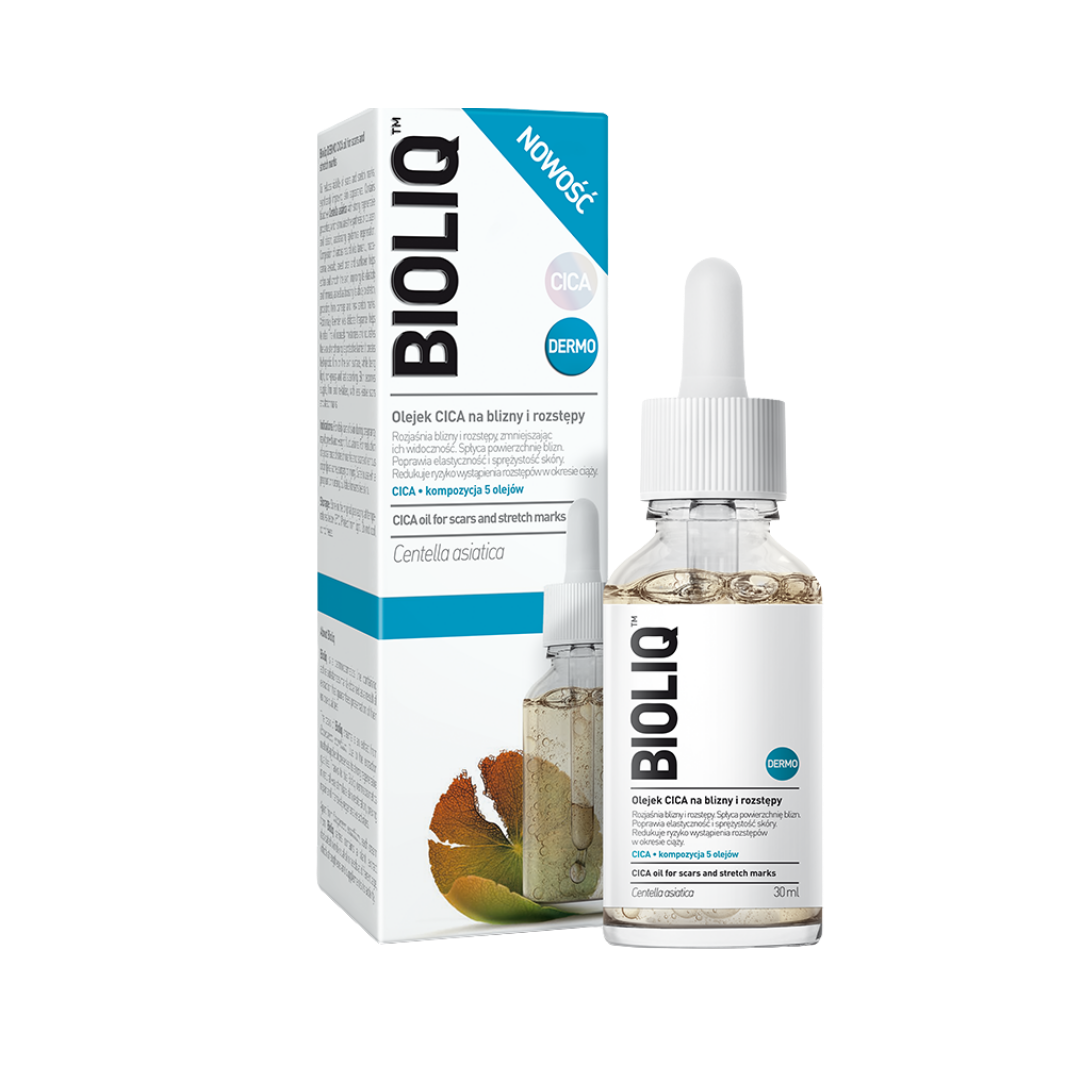 "Bioliq CICA Oil for Scars and Stretch Marks, 30ml bottle with dropper, packaged in a box with Centella Asiatica branding."