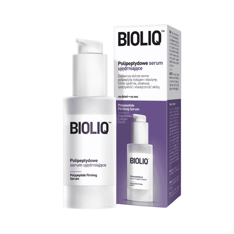BIOLIQ Polypeptide Firming Serum, 30ml, white bottle with pump dispenser, purple packaging.