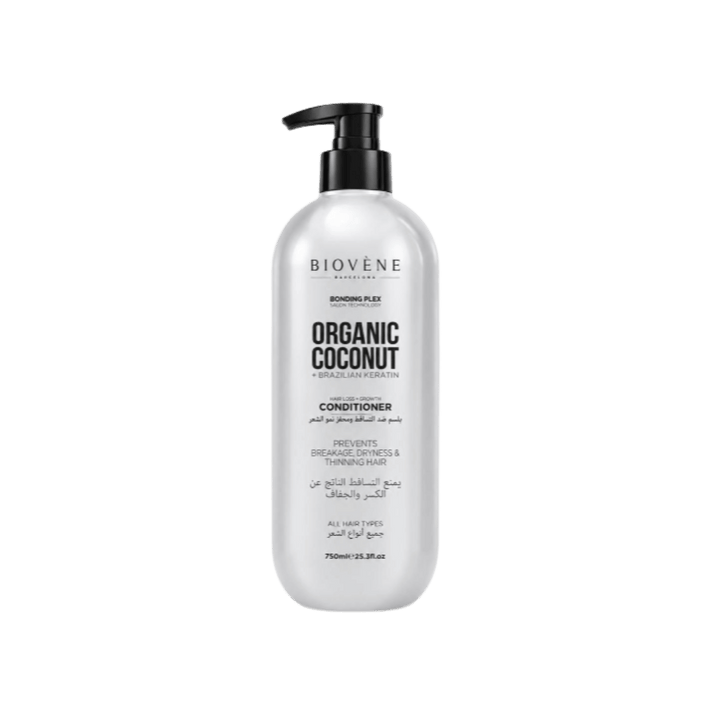 Biovène Organic Coconut Brazilian Keratin conditioner, 750ml, silver pump bottle with black dispenser.