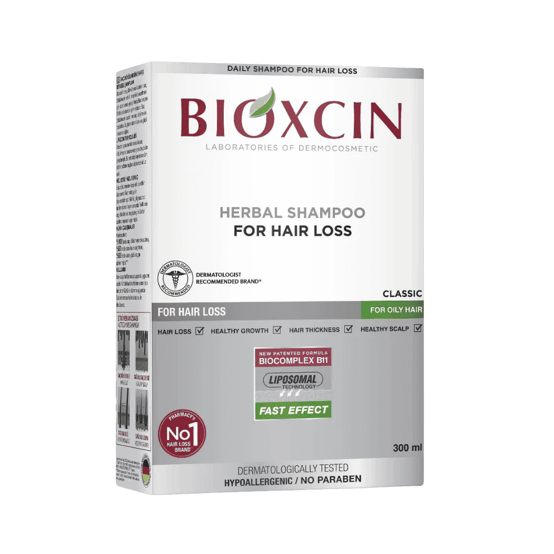Bioxcin Classic Shampoo, 300ml bottle, with Biocomplex B11, olive leaf, fig leaf extract, and honey.