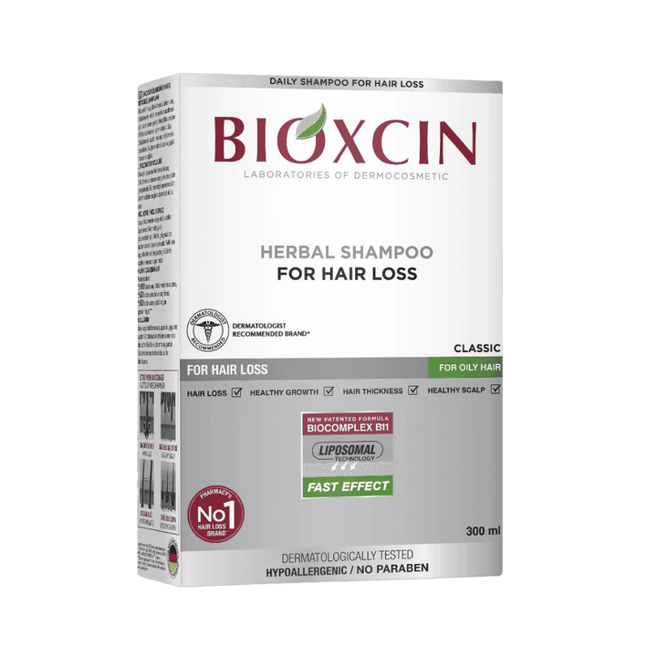 Bioxcin Classic Shampoo, 300ml bottle, with Biocomplex B11, olive leaf, fig leaf extract, and honey.