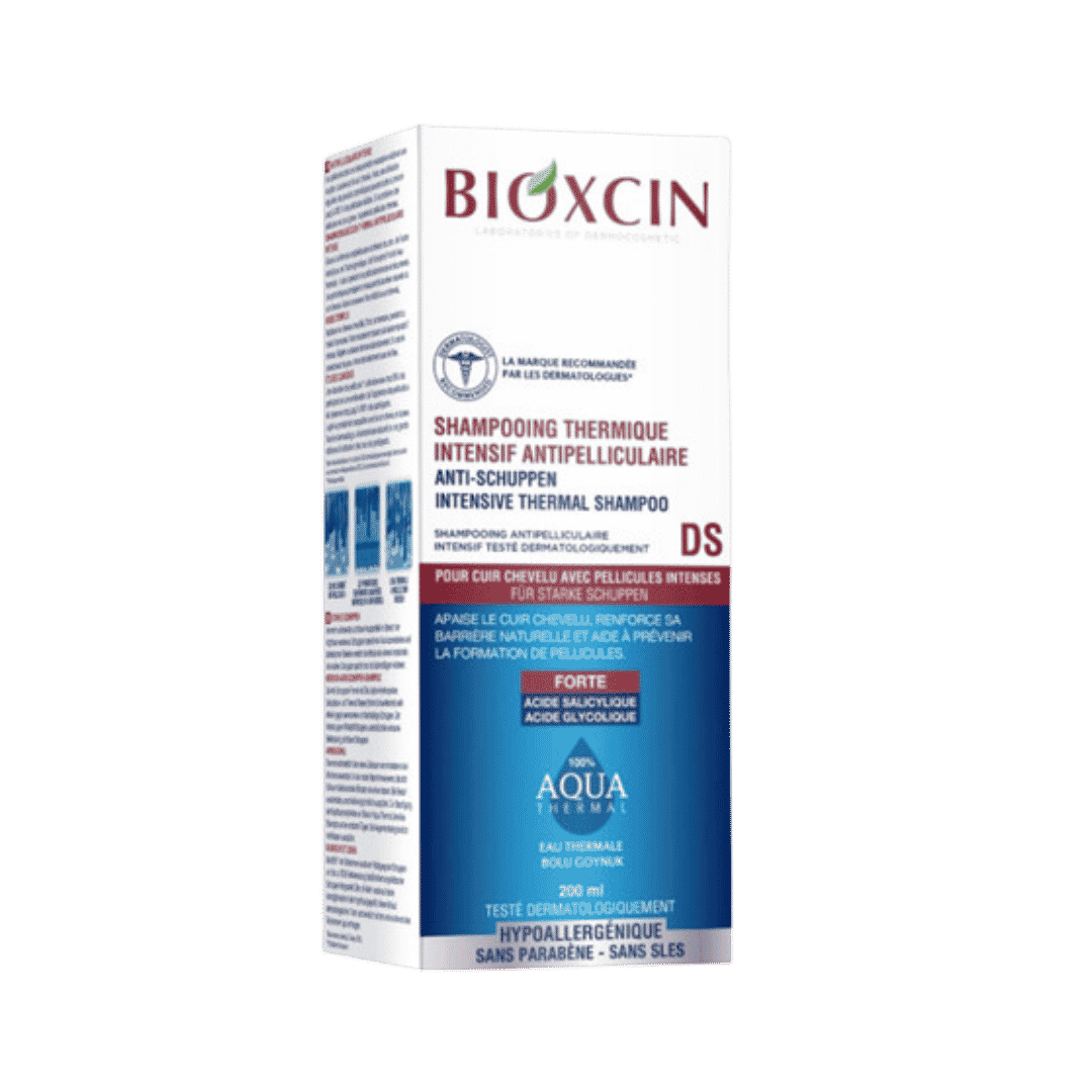 Bioxcin intensive thermal shampoo DS 200ml anti dandruff bottle blue white packaging front view label details