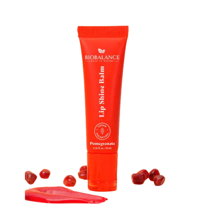 BIO BALANCE Lip Shine Balm Pomegranate lip balm tube with glossy red formula 10ml.