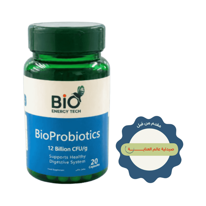 Bio Energy Tech BioProbiotics dietary supplement, 12 Billion CFU/g, 20 capsules in green bottle.