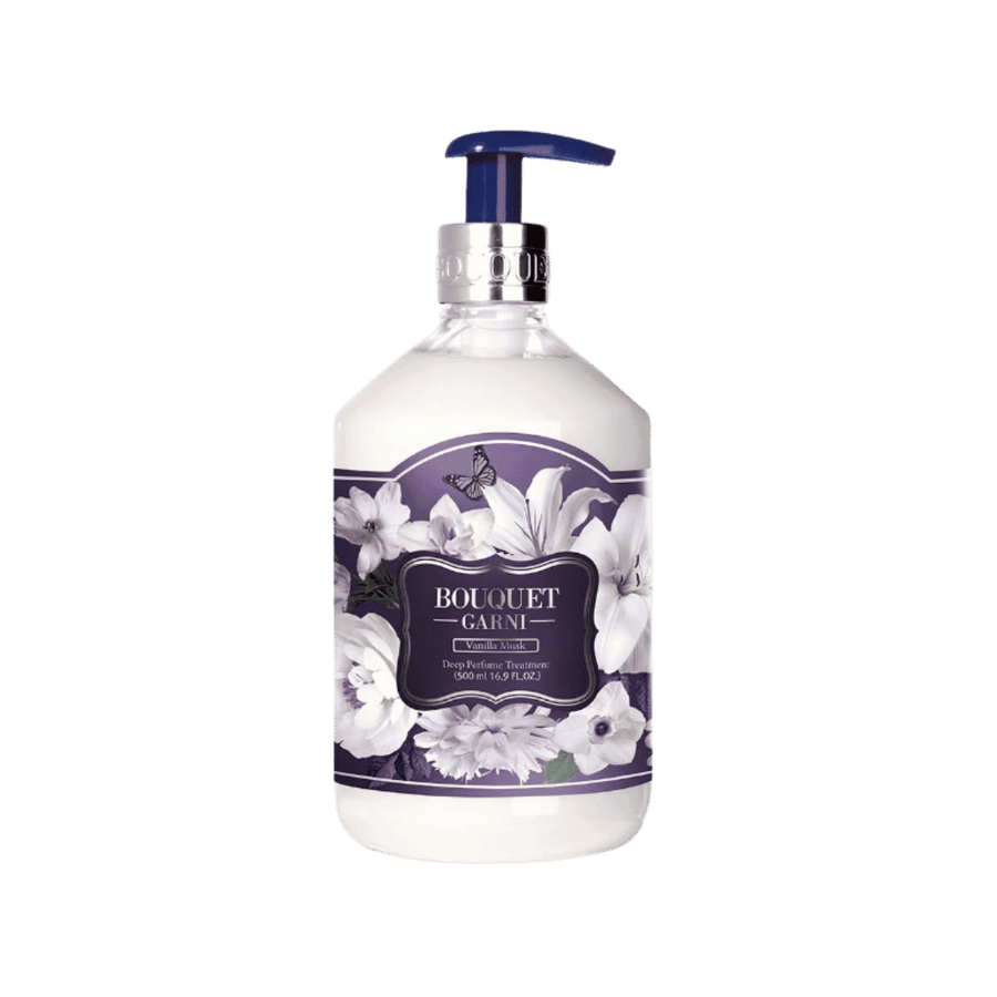 Bouquet Garni Vanilla Musk Deep Perfume Treatment 500ml bottle with floral label and blue pump dispenser