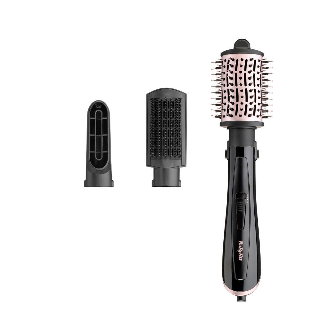 BaByliss hot air brush styler with round brush head and two interchangeable attachments black color