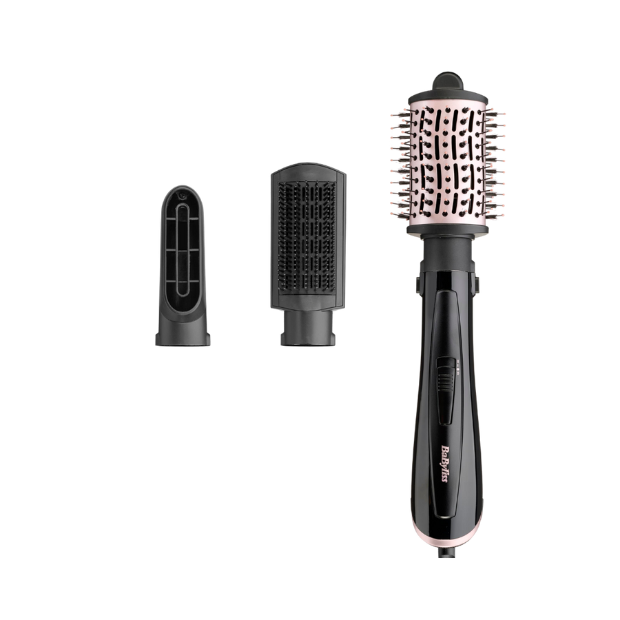 BaByliss hot air brush styler with round brush head and two interchangeable attachments black color
