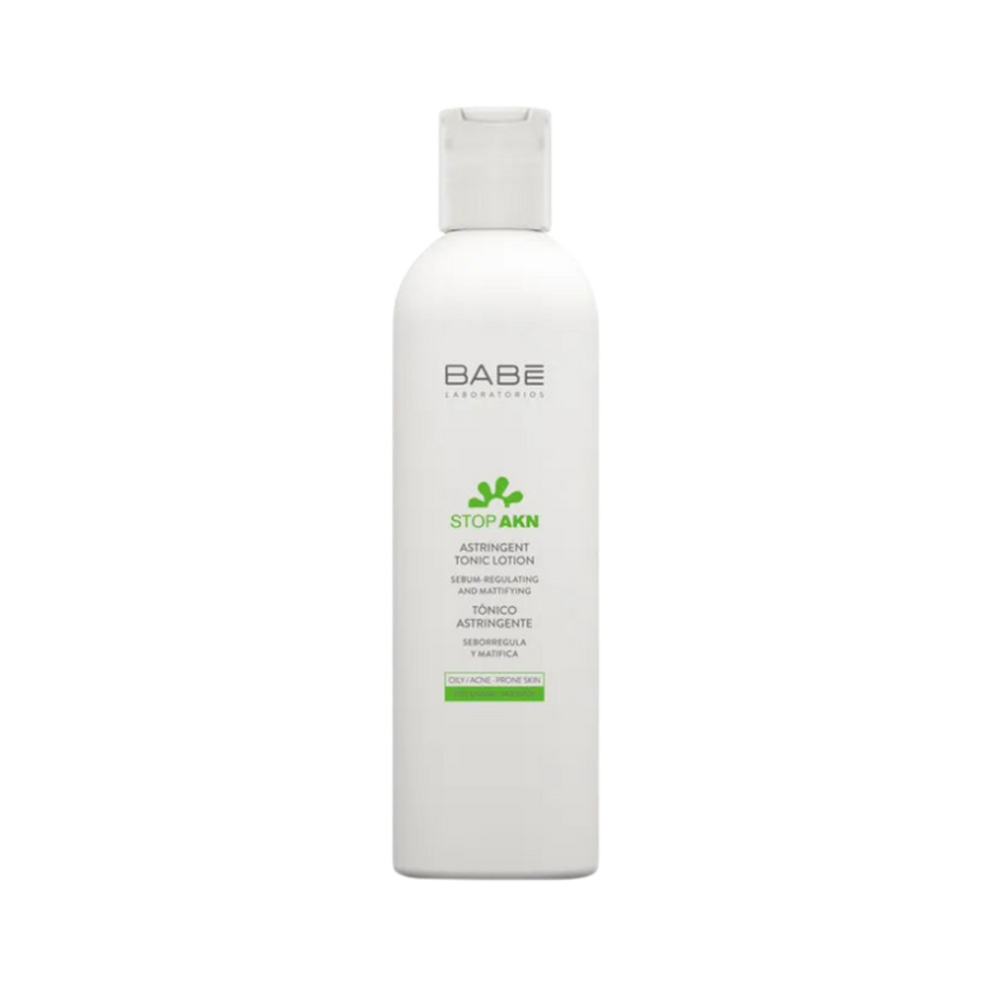 BABÉ Laboratorios Stop AKN Astringent Tonic Lotion, sebum-regulating and mattifying toner for oily and acne-prone skin, in white bottle.