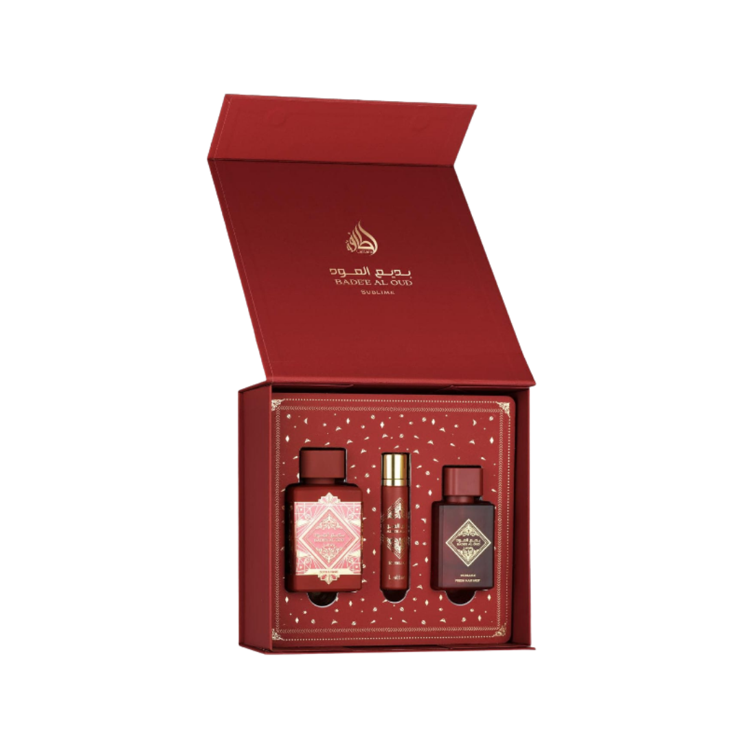 Badiee Al Oud Sublime set, includes two bottles of fragrance and a roll-on, all housed in a luxurious red box.