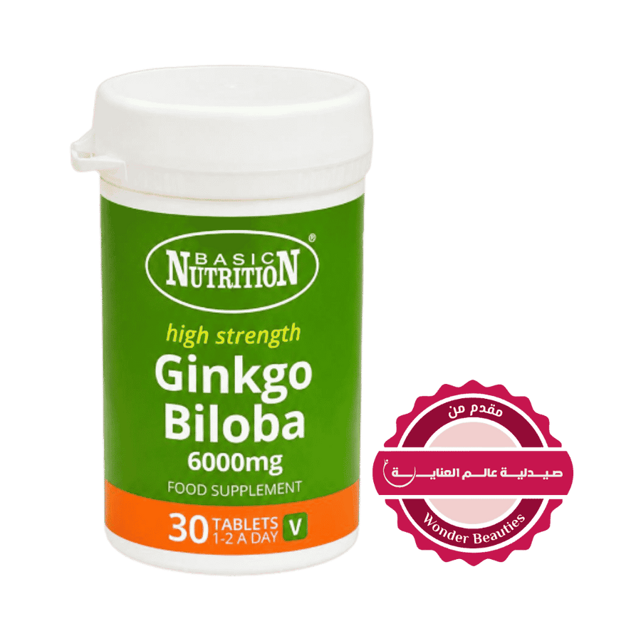 Basic Nutrition Ginkgo Biloba 6000mg food supplement, 30 tablets in green and orange plastic bottle