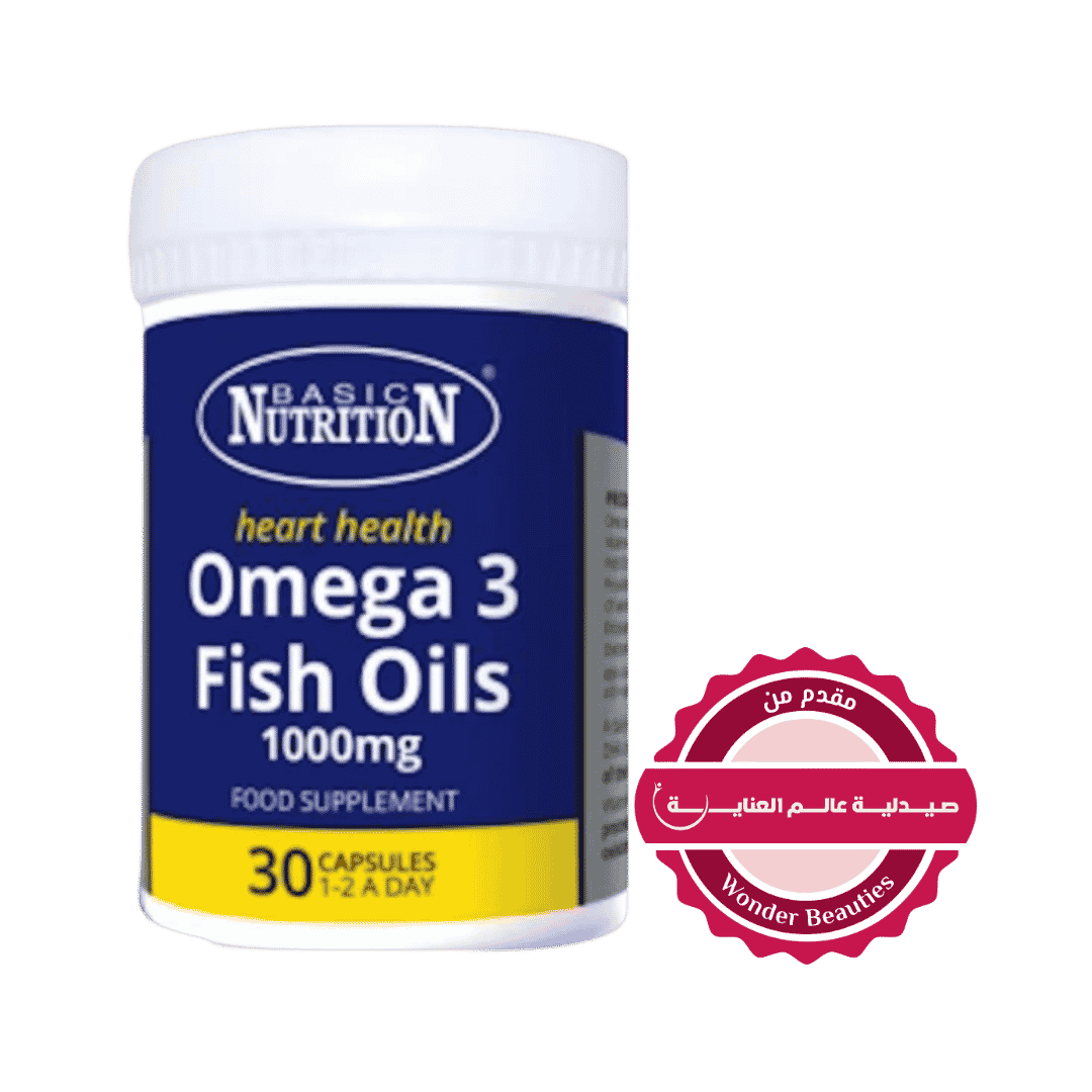Basic Nutrition Omega 3 Fish Oils 1000 mg food supplement, 30 capsules in white bottle