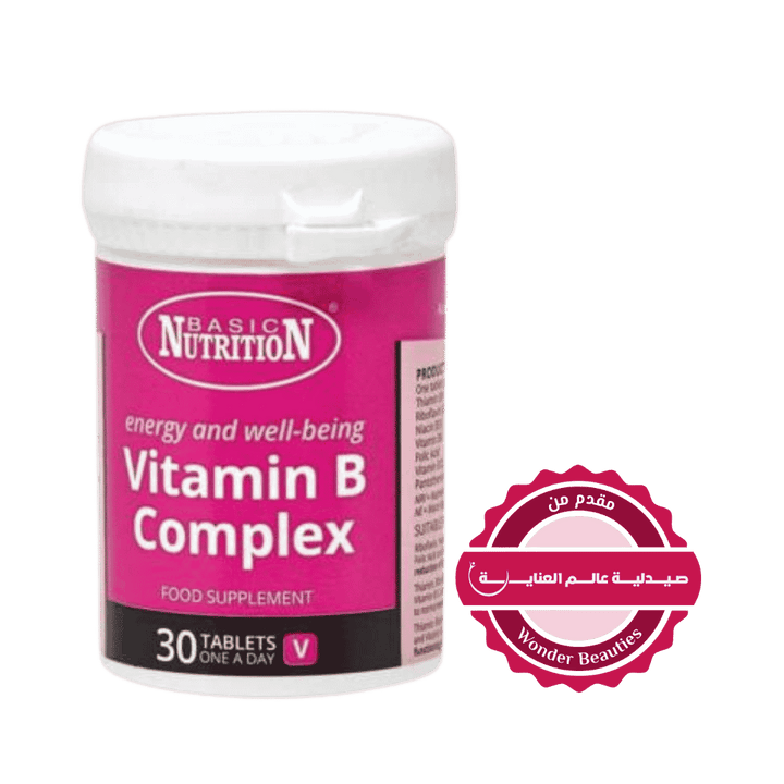 Basic Nutrition Vitamin B Complex 30 tablets food supplement in pink and white plastic bottle