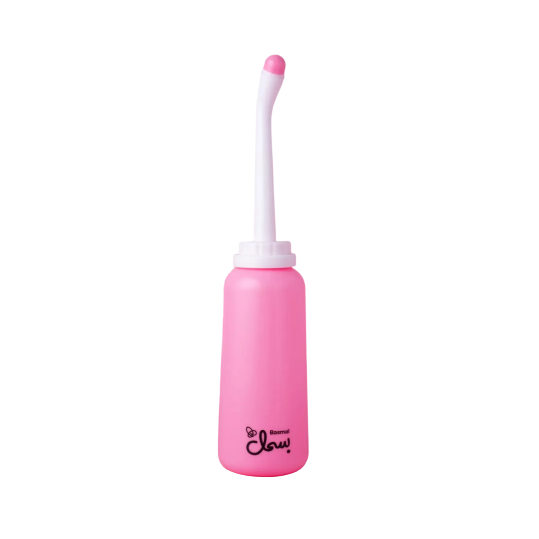 Basmal pink peri bottle with angled white nozzle, postpartum hygiene cleansing bottle, squeeze design, portable plastic container
