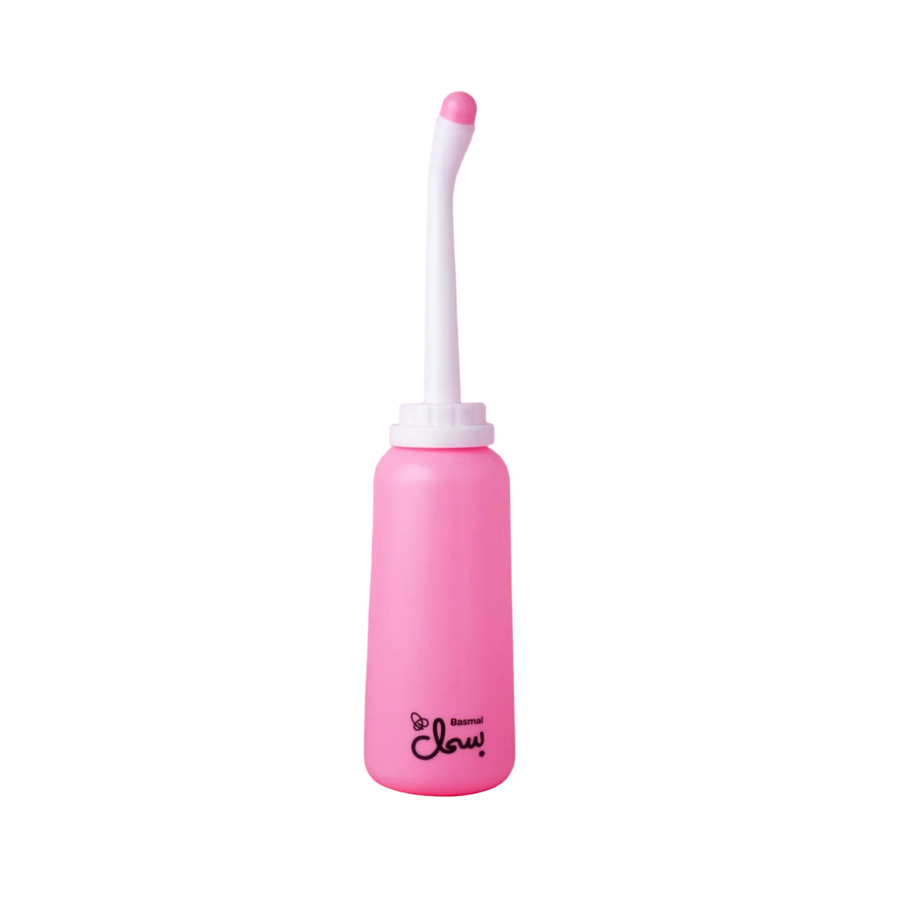 Basmal pink peri bottle with angled white nozzle, postpartum hygiene cleansing bottle, squeeze design, portable plastic container