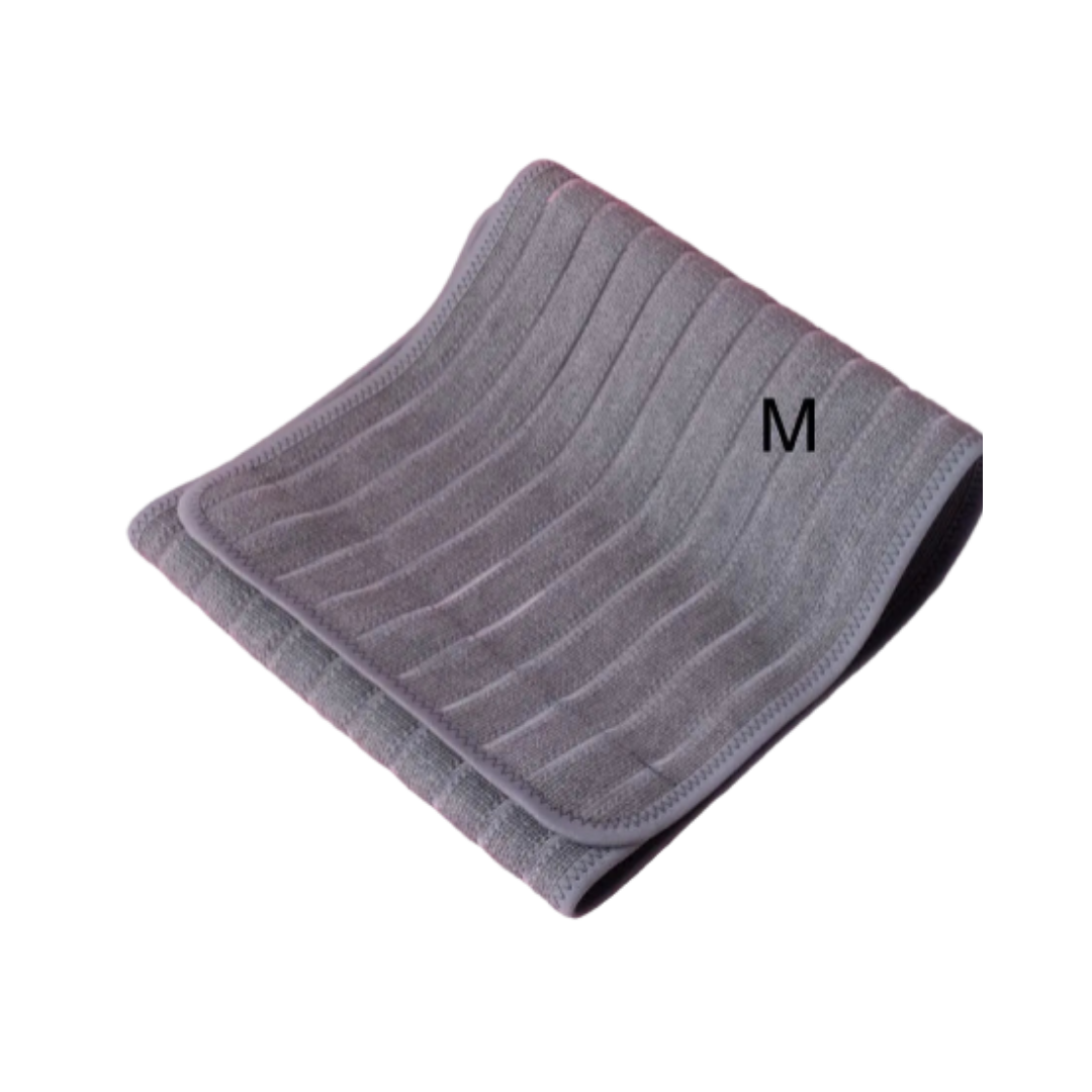 Gray elastic waist support band, size M, with vertical ribbed texture for enhanced support.