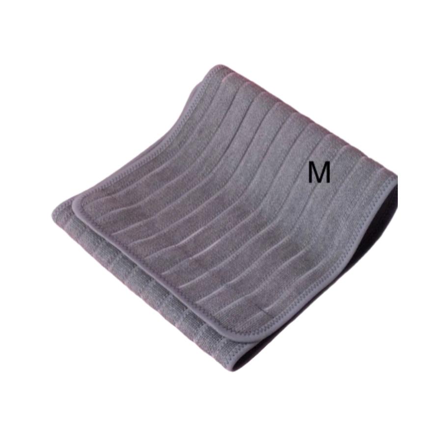 Gray elastic waist support band, size M, with vertical ribbed texture for enhanced support.