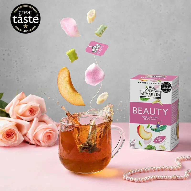 AHMAD TEA BEAUTY PEACH CAROB & ROSE PETALS +Aloe Vera 20 Pcs - 30g - 30g | شاي احمد شاي الجمال خوخ، خرنوب وبتلات الورد 20 ظرف - 30غ