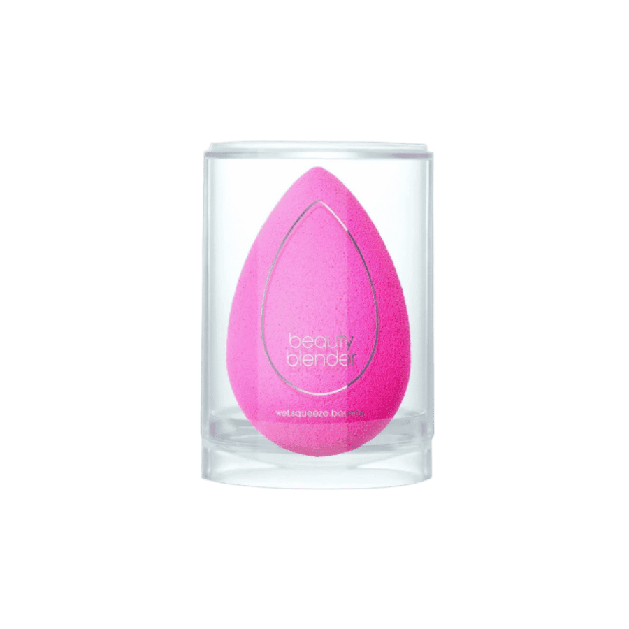 Beautyblender pink makeup sponge in clear cylindrical case with printed wet squeeze bounce label