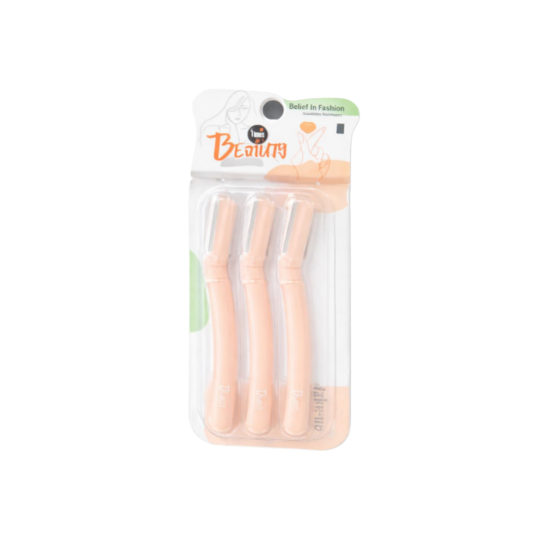 Beauty disposable eyebrow razors, 3-piece set, peach color, in clear blister packaging.