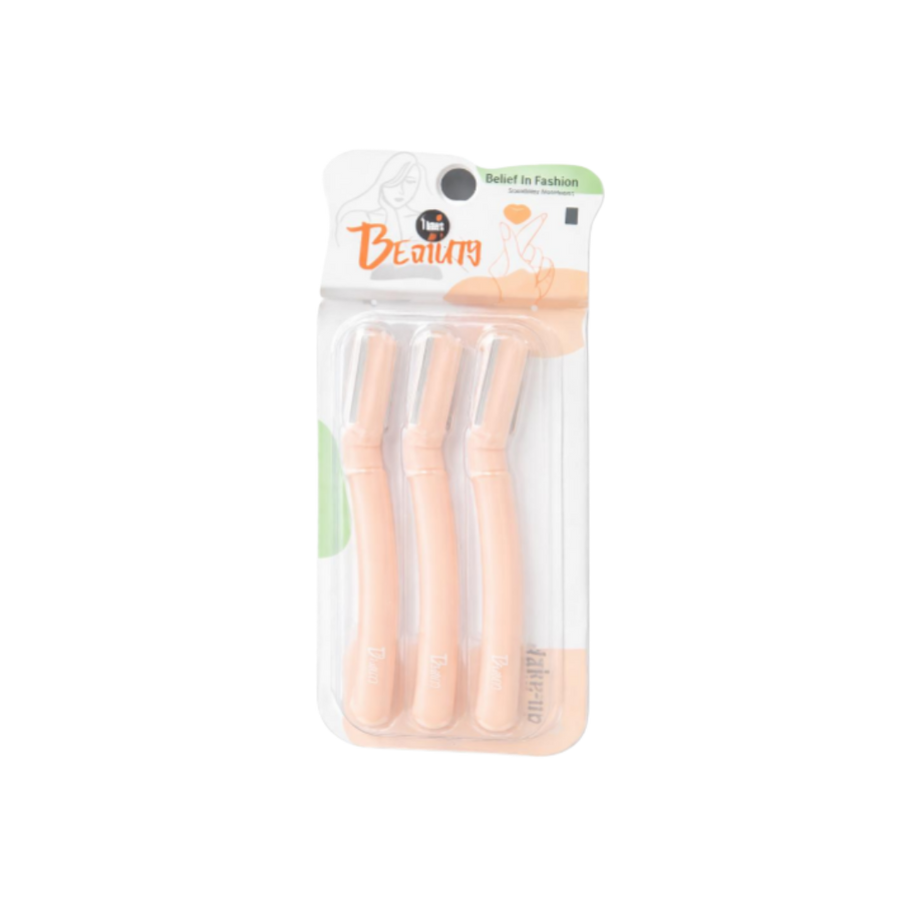 Beauty disposable eyebrow razors, 3-piece set, peach color, in clear blister packaging.