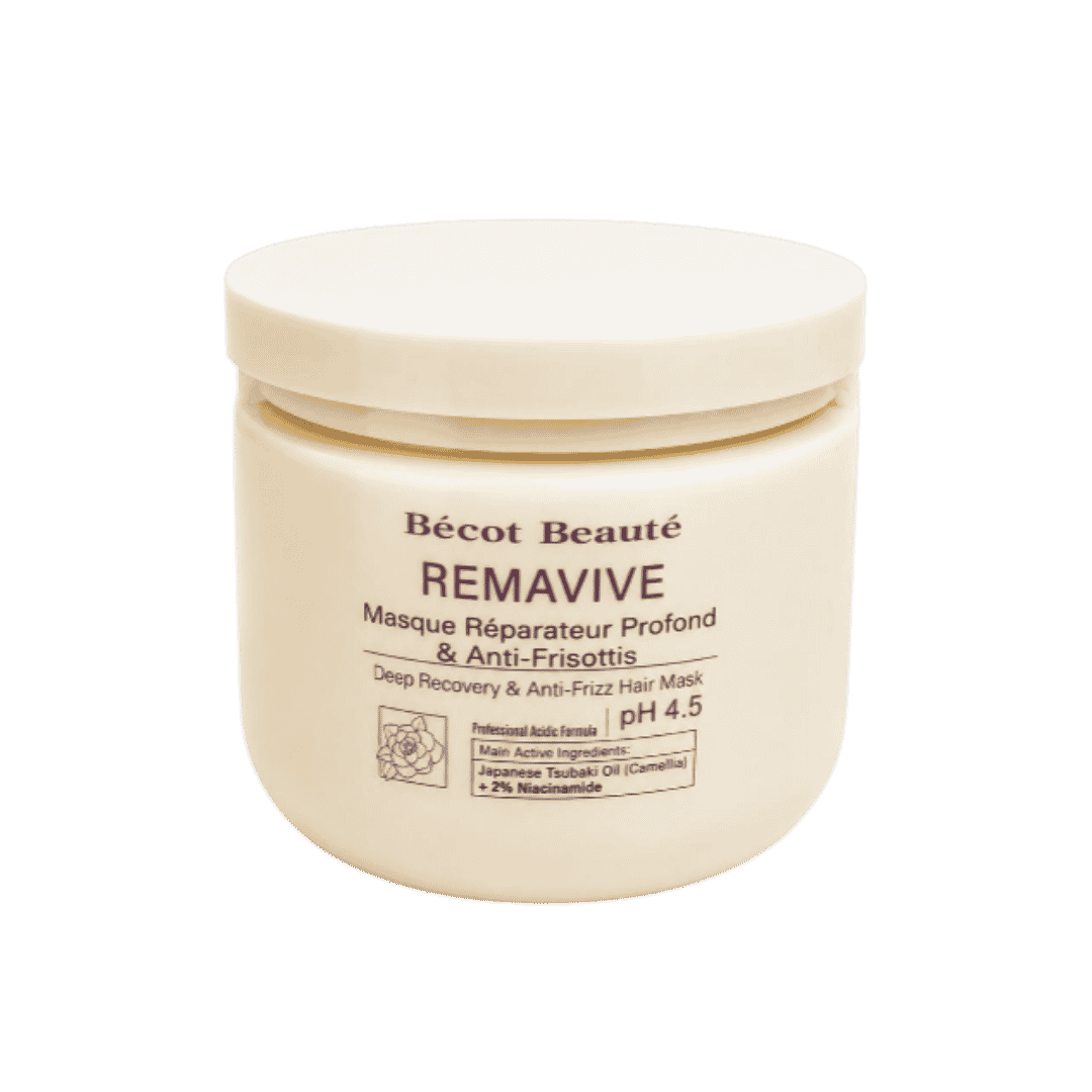 Bécot Beauté Remavive Deep Recovery & Anti-Frizz Hair Mask, cream-colored jar with screw lid, printed text branding, 473x507px 