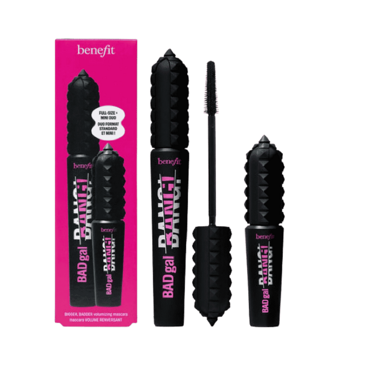 Benefit BADgal BANG mascara duo set with full-size and mini intense black mascaras in pink box.