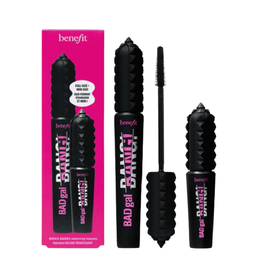 Benefit BADgal BANG mascara duo set with full-size and mini intense black mascaras in pink box.