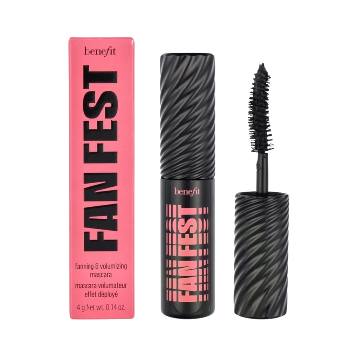 Benefit Fan Fest volumizing mascara, 4g, black twisted tube, curved brush, and pink rectangular carton