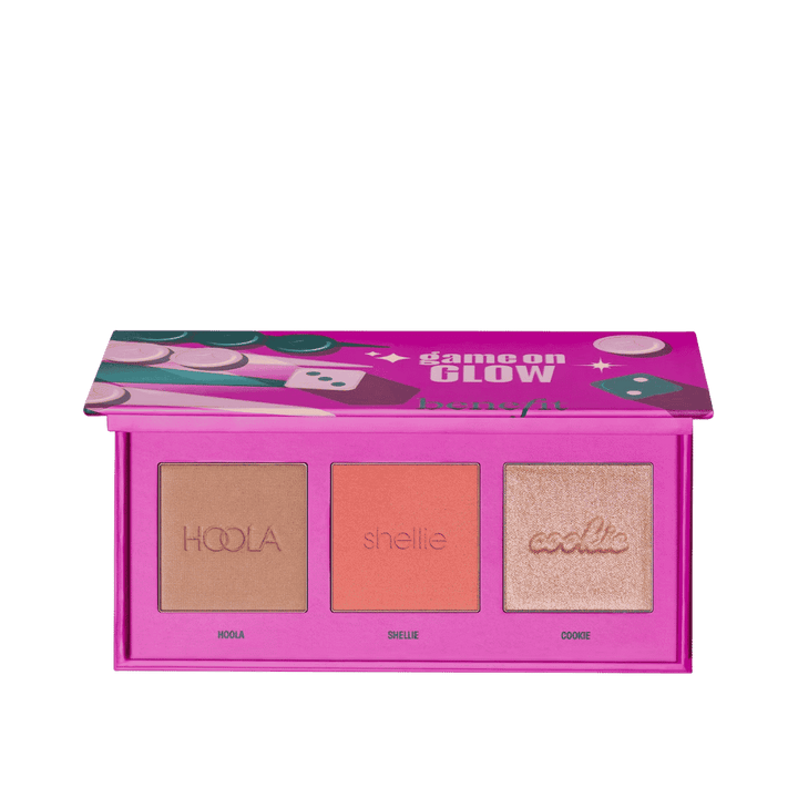 Benefit Cheek the Mail palette with Hoola, Cookie, and Shellie mini powders inside compact packaging.