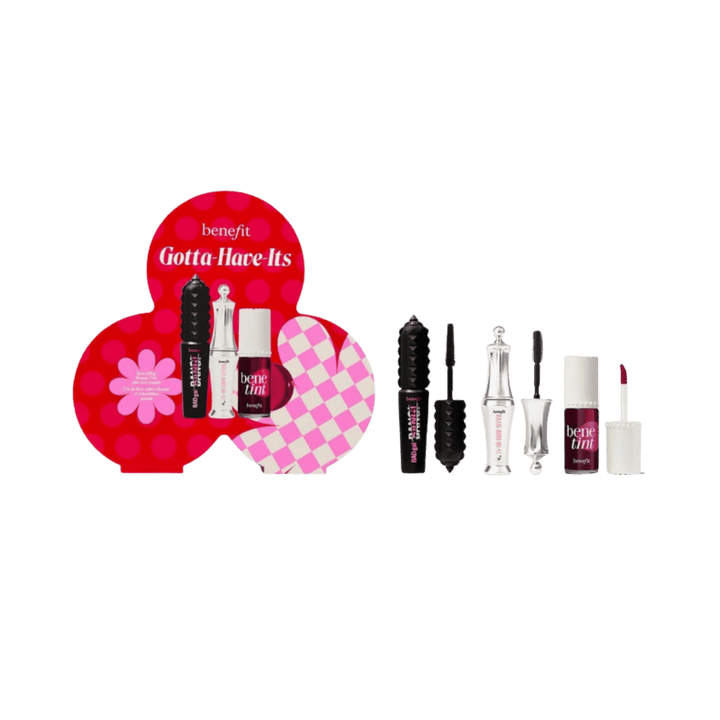Benefit Gotta Have-Its makeup set with mascara, brow gel, Benetint lip and cheek tint, and applicators.