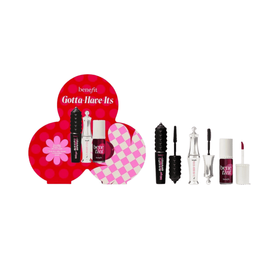 Benefit Gotta Have-Its makeup set with mascara, brow gel, Benetint lip and cheek tint, and applicators.
