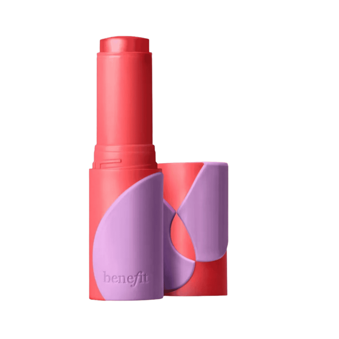 Benefit Juice Stick Dewy Gel Blush 8g coral stick with purple sculpted packaging and exposed blush tip.