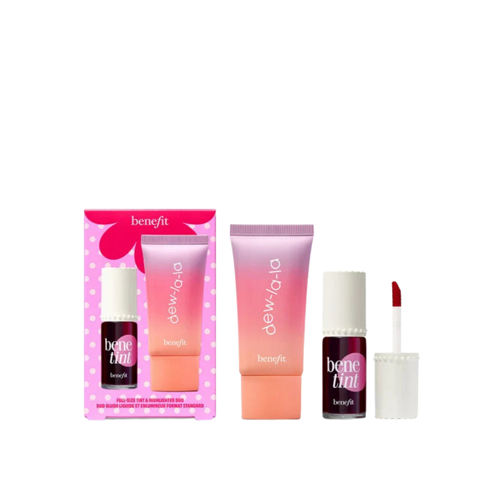 Benefit Dew-la-la liquid highlighter and Benetint cheek and lip stain duo in pink boxed packaging.