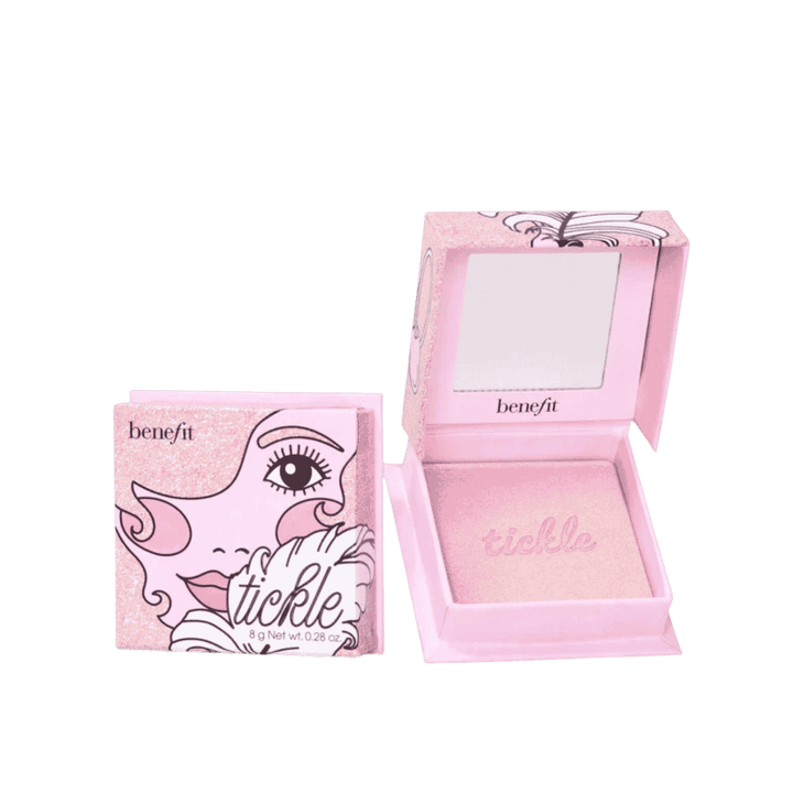Benefit Tickle powder highlighter in pink compact with mirror and illustrated 8 g box