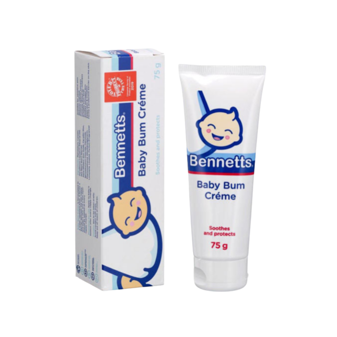 Bennetts Baby Bum Crème 75 g white tube with cartoon baby and matching cardboard box.