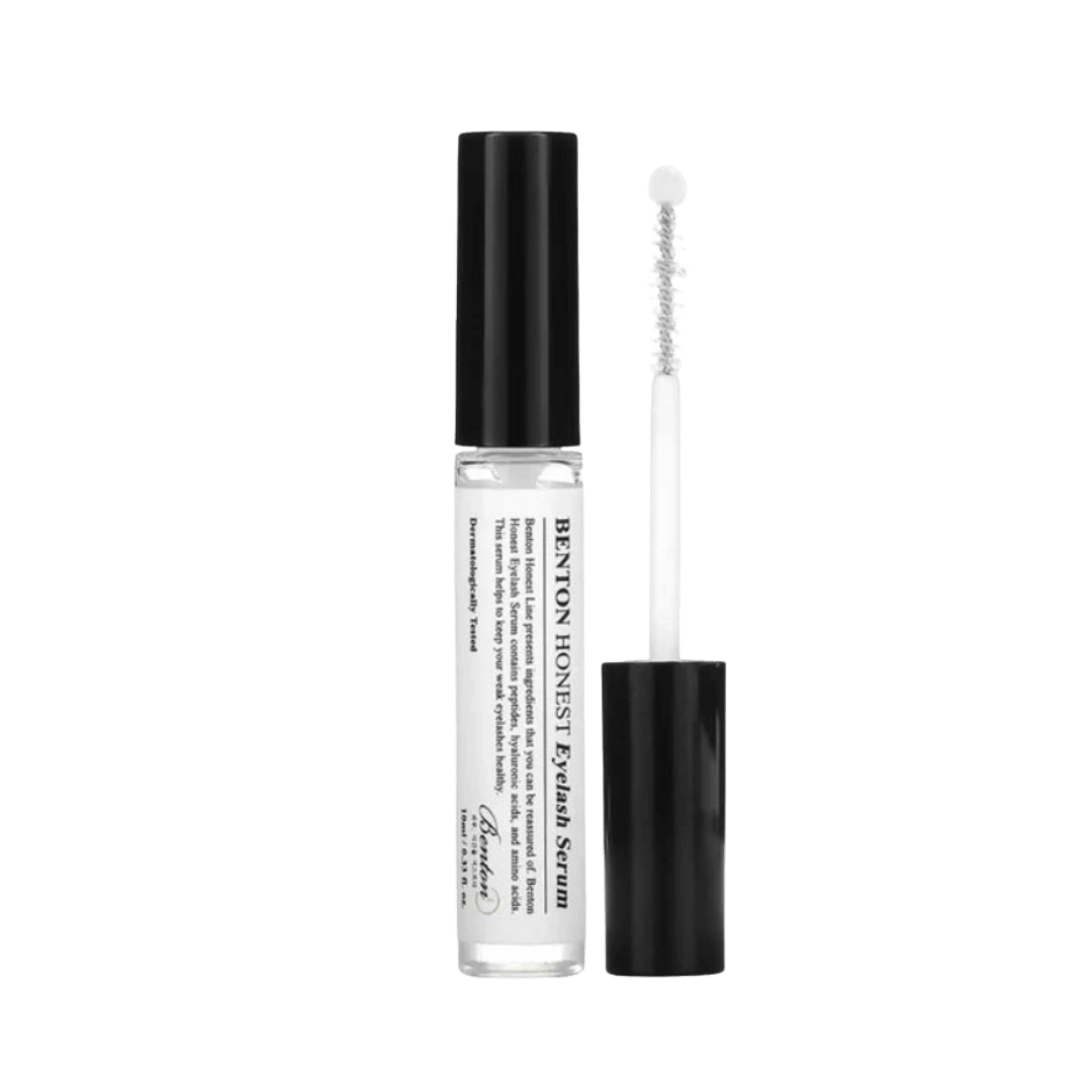 Benton Honest Eyelash Serum, transparent tube with black cap, 10ml, includes ball-tip brush applicator for eyelashes.