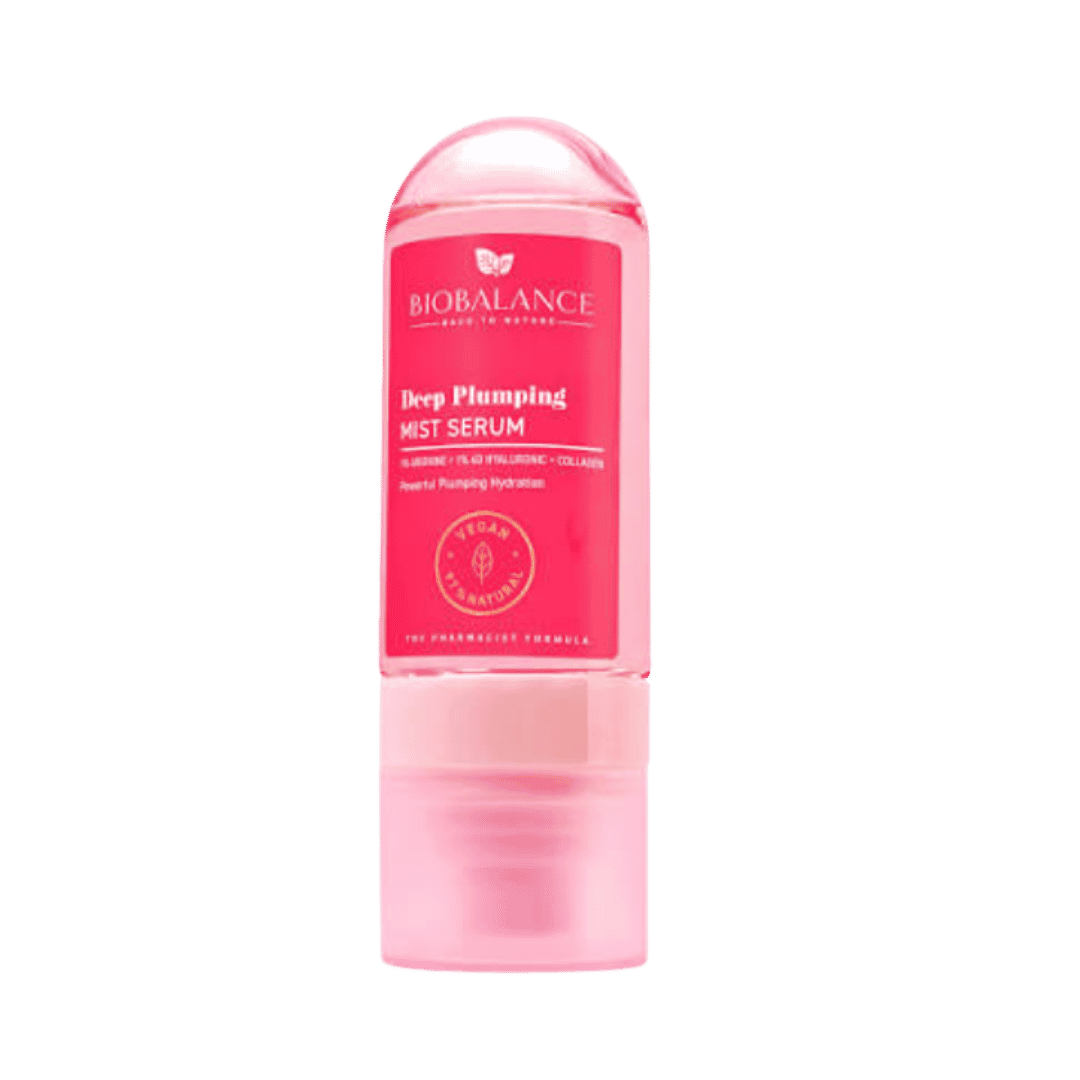 BioBalance Deep Plumping Mist Serum, 80 ml pink spray bottle with rounded cap and red label.