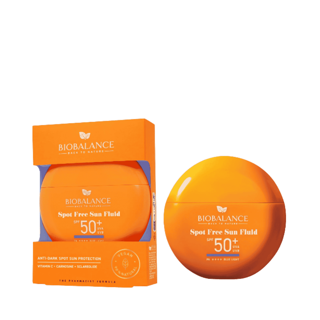 BioBalance Spot Free Sun Fluid SPF 50+, 40 ml orange round container with matching carton.